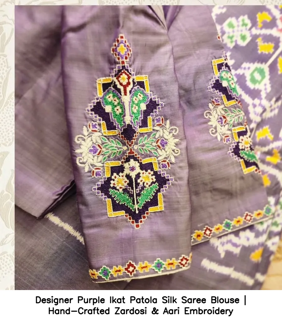 Designer Purple Ikat Patola Silk Saree Blouse | Hand-Crafted Zardosi & Aari Embroidery - Xl