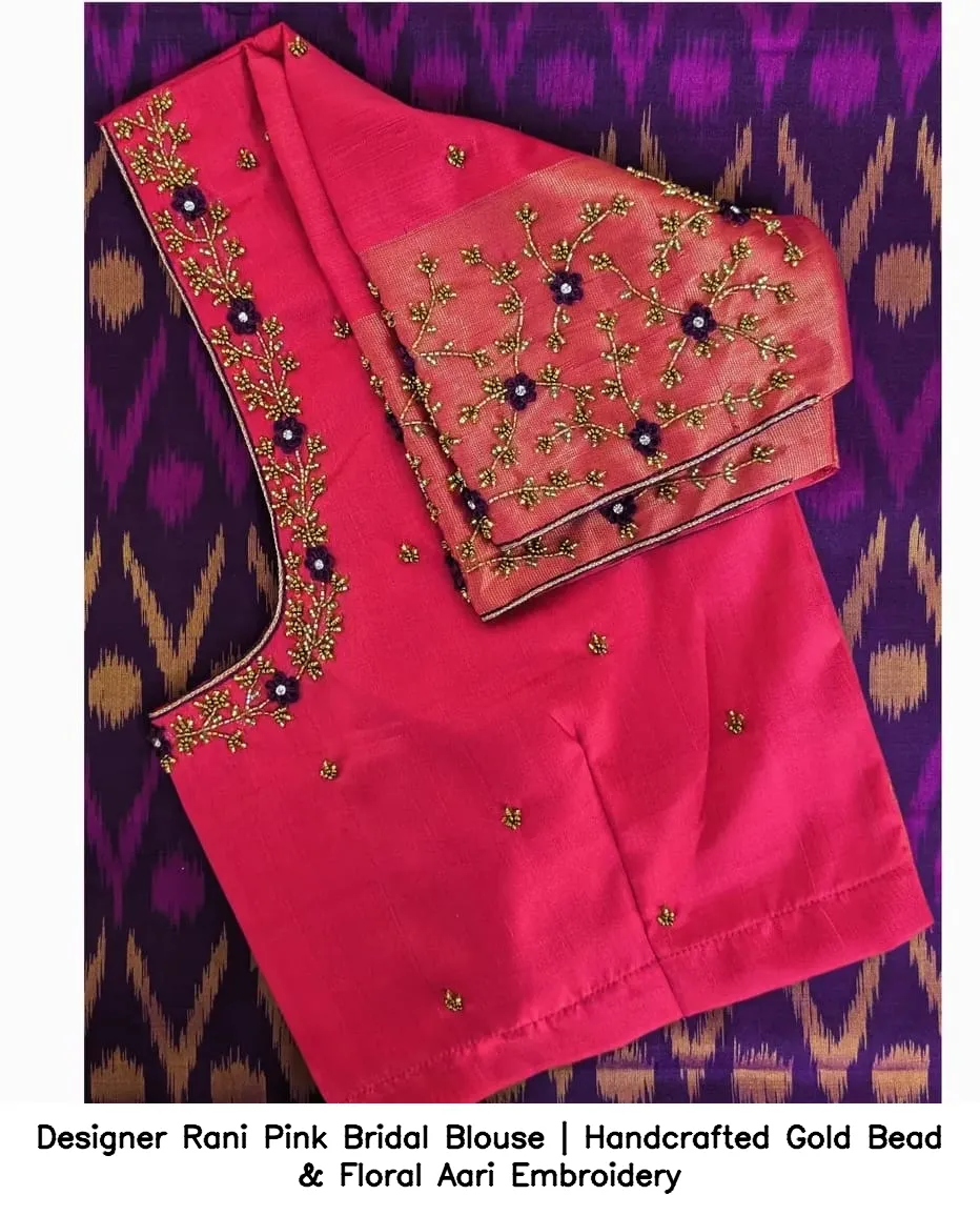 Designer Rani Pink Bridal Blouse | Handcrafted Gold Bead & Floral Aari Embroidery