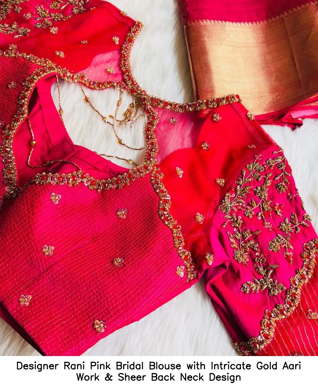 Designer Rani Pink Bridal Blouse with Intricate Gold Aari Work & Sheer Back Neck Design
