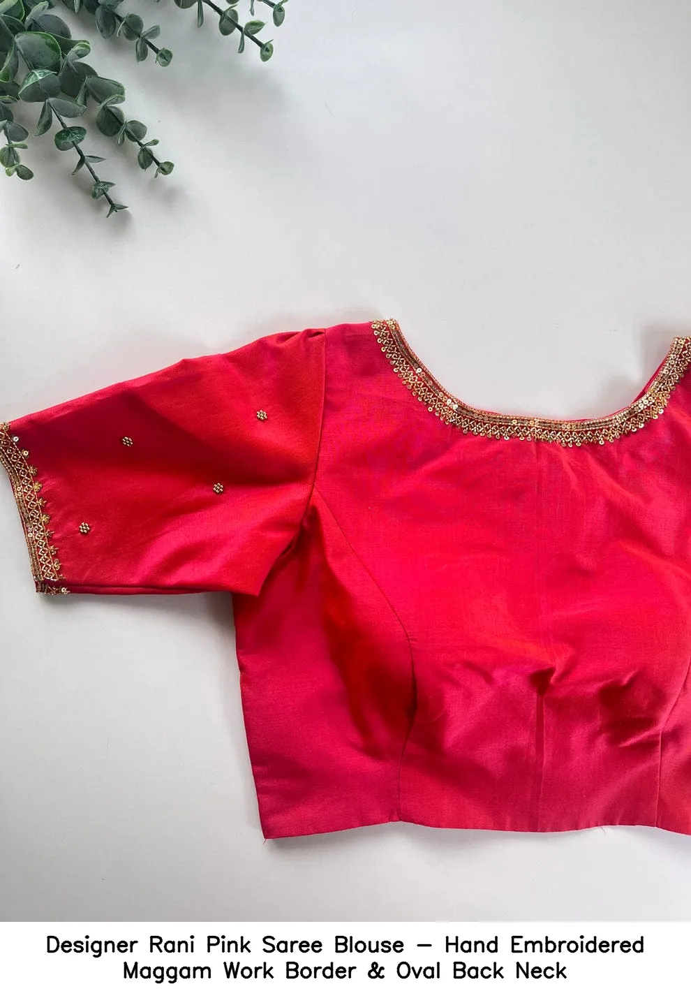 Designer Rani Pink Saree Blouse - Hand Embroidered Maggam Work Border & Oval Back Neck