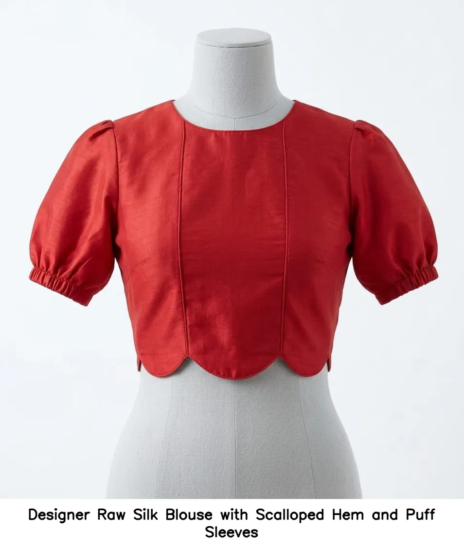 Designer Raw Silk Blouse with Scalloped Hem and Puff Sleeves