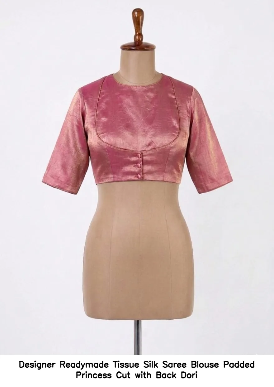 Designer Readymade Tissue Silk Saree Blouse – Padded Princess Cut with Back Dori - Image 2