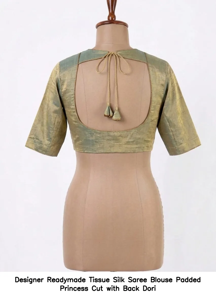 Designer Readymade Tissue Silk Saree Blouse – Padded Princess Cut with Back Dori - Image 3