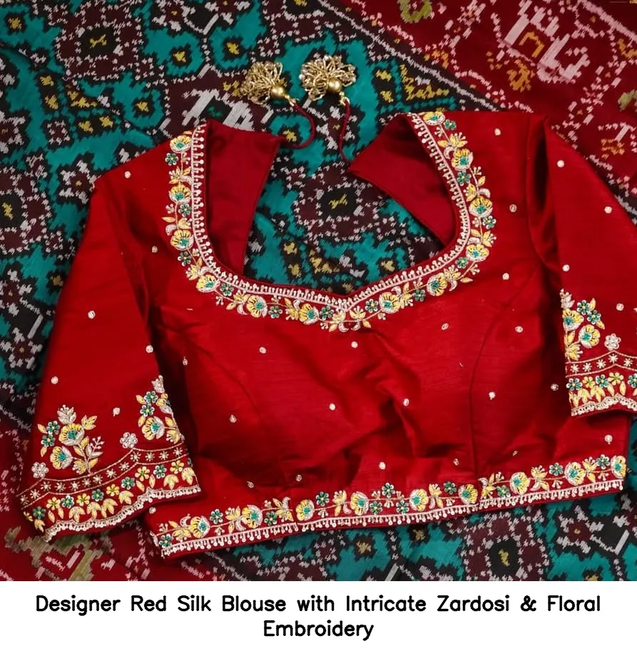 Designer Red Silk Blouse with Intricate Zardosi & Floral Embroidery