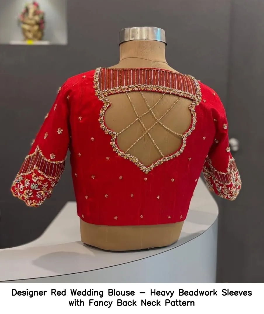 Designer Red Wedding Blouse - Heavy Beadwork Sleeves with Fancy Back Neck Pattern