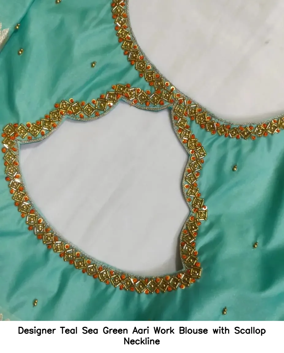 Designer Teal Sea Green Aari Work Blouse with Scallop Neckline