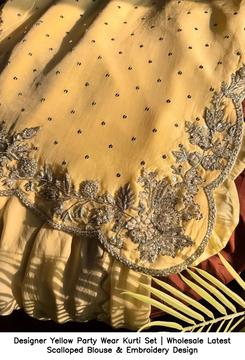 Designer Yellow Party Wear Kurti Set | Wholesale Latest Scalloped Blouse & Embroidery Design