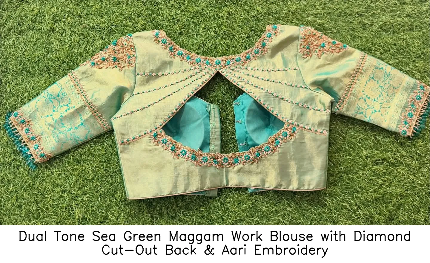 Dual Tone Sea Green Maggam Work Blouse with Diamond Cut-Out Back & Aari Embroidery - Image 2