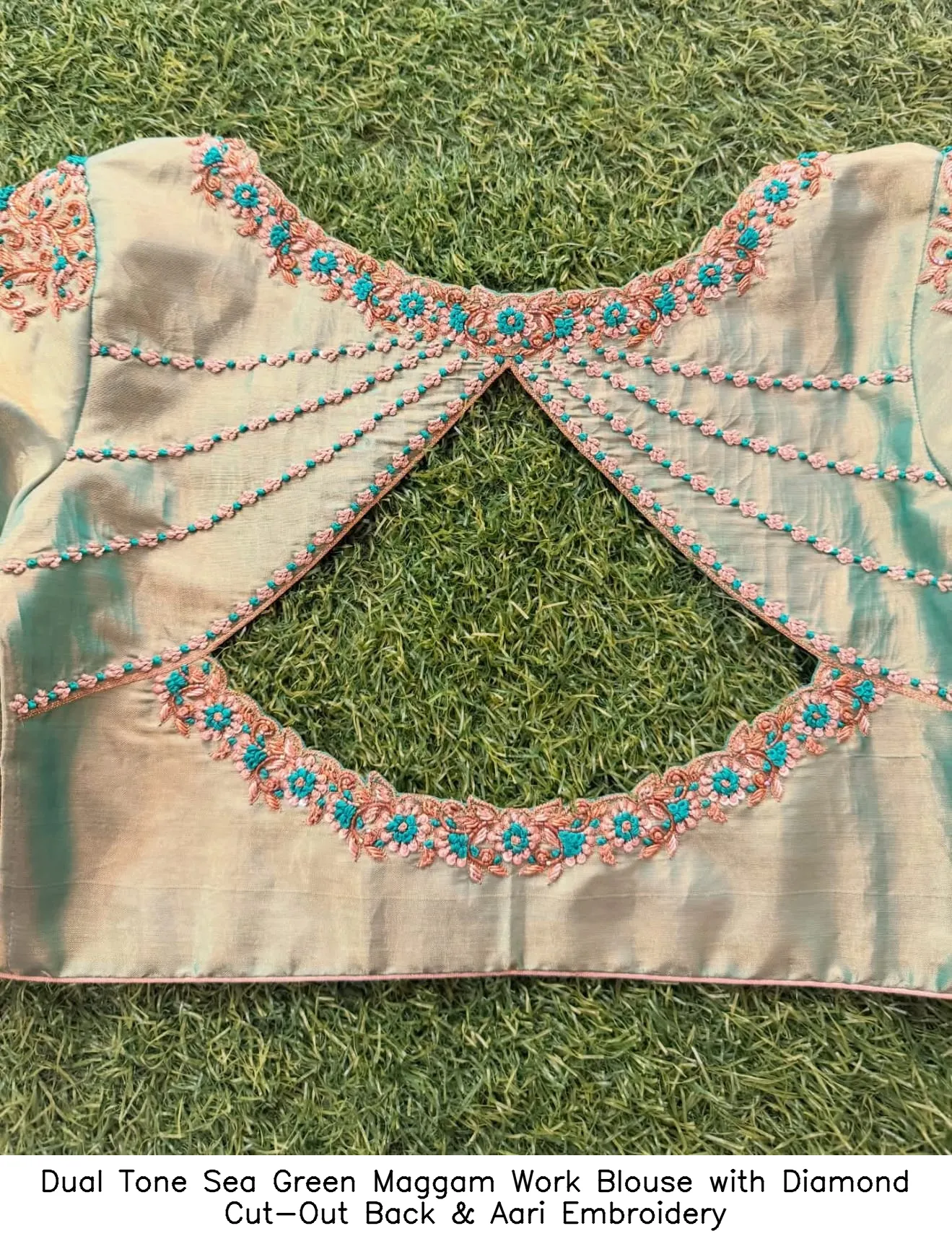 Dual Tone Sea Green Maggam Work Blouse with Diamond Cut-Out Back & Aari Embroidery - Image 3
