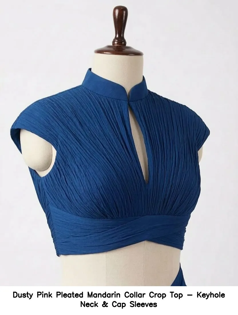 Dusty Pink Pleated Mandarin Collar Crop Top - Keyhole Neck & Cap Sleeves