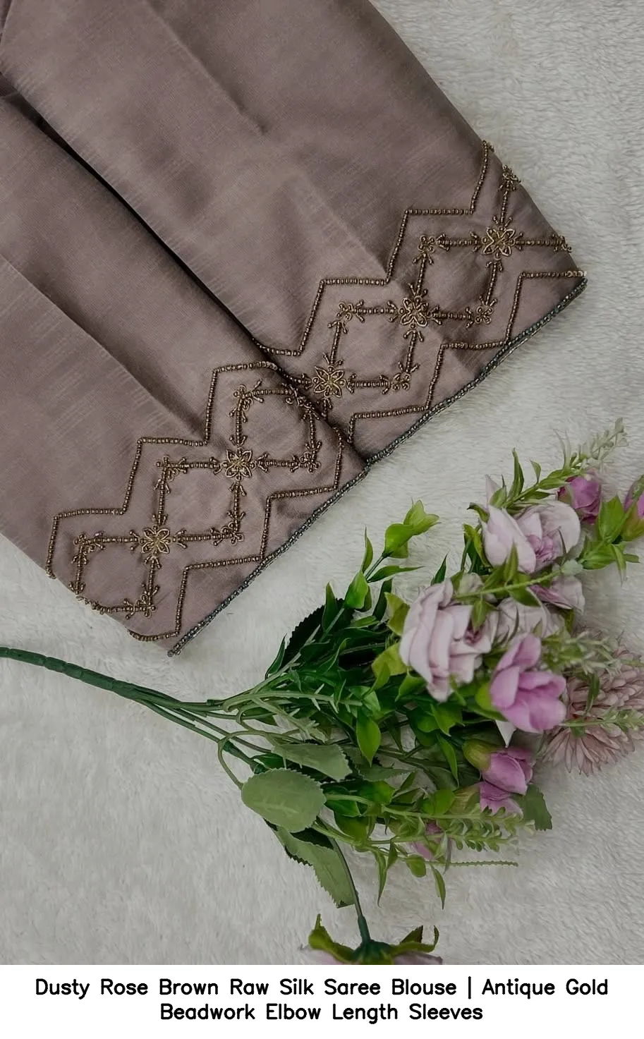 Dusty Rose Brown Raw Silk Saree Blouse | Antique Gold Beadwork Elbow Length Sleeves