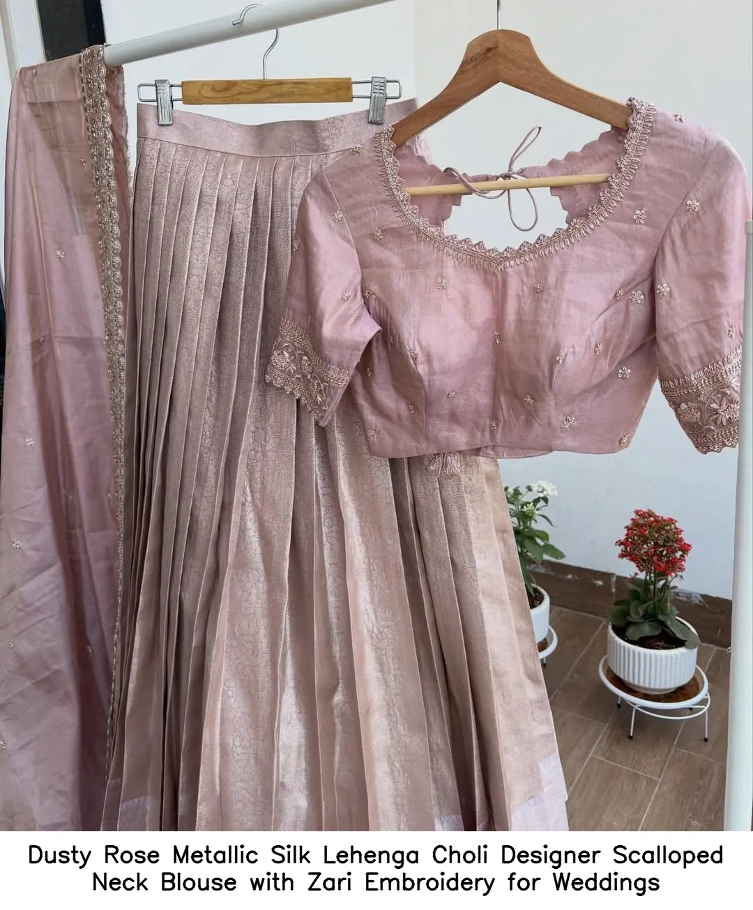 Dusty Rose Metallic Silk Lehenga Choli – Designer Scalloped Neck Blouse with Zari Embroidery for Weddings