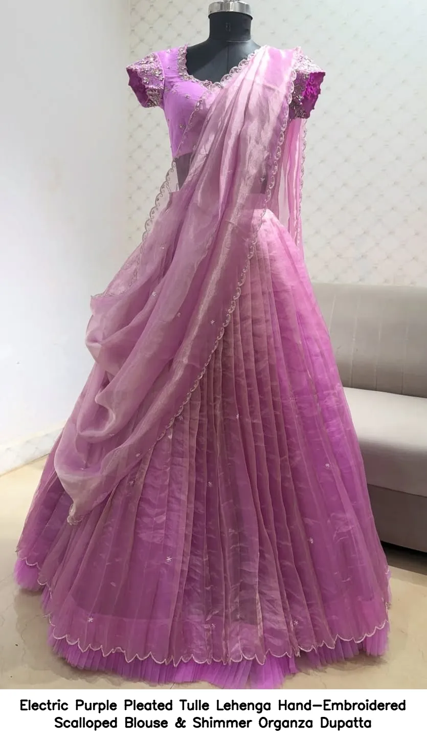 Electric Purple Pleated Tulle Lehenga – Hand-Embroidered Scalloped Blouse & Shimmer Organza Dupatta