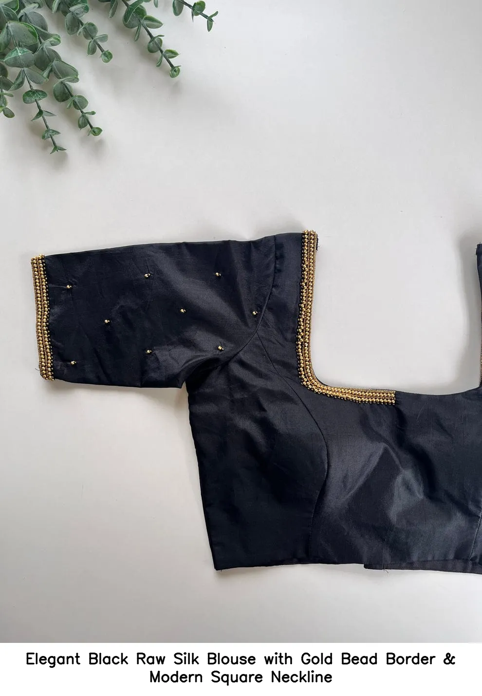 Elegant Black Raw Silk Blouse with Gold Bead Border & Modern Square Neckline