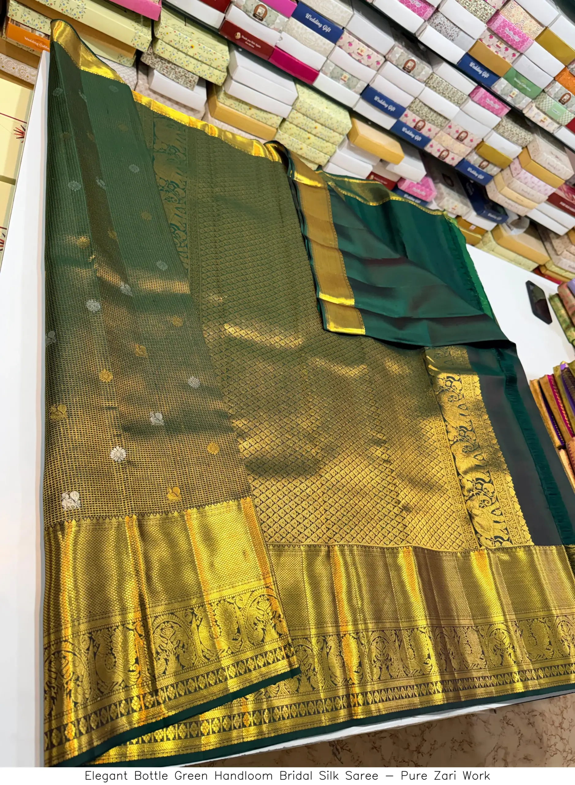 Elegant Bottle Green Handloom Bridal Silk Saree - Pure Zari Work