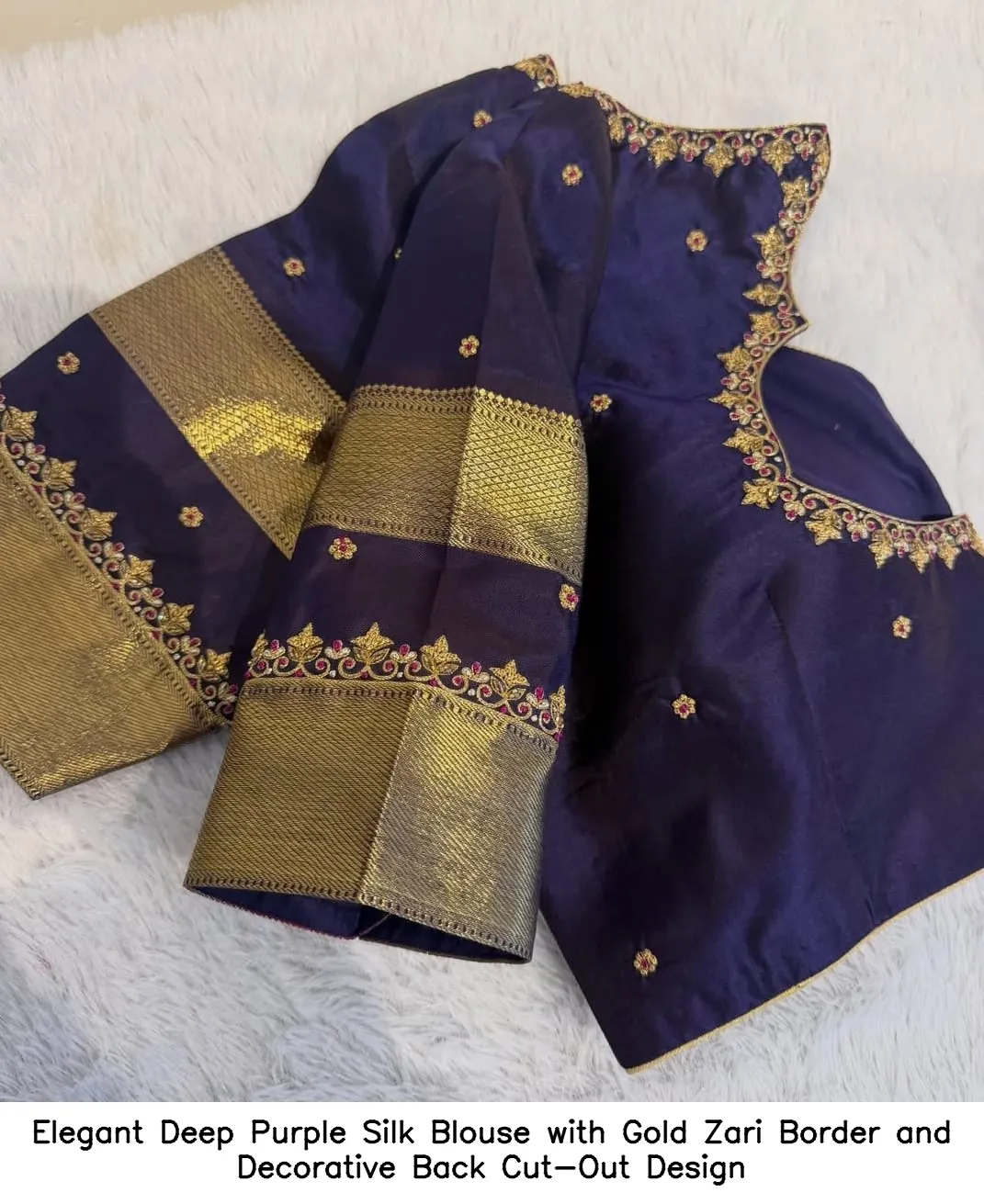 Elegant Deep Purple Silk Blouse with Gold Zari Border and Decorative Back Cut-Out Design