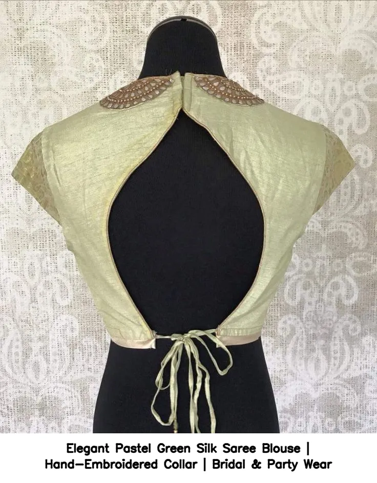 Elegant Pastel Green Silk Saree Blouse | Hand-Embroidered Collar | Bridal & Party Wear - Image 2