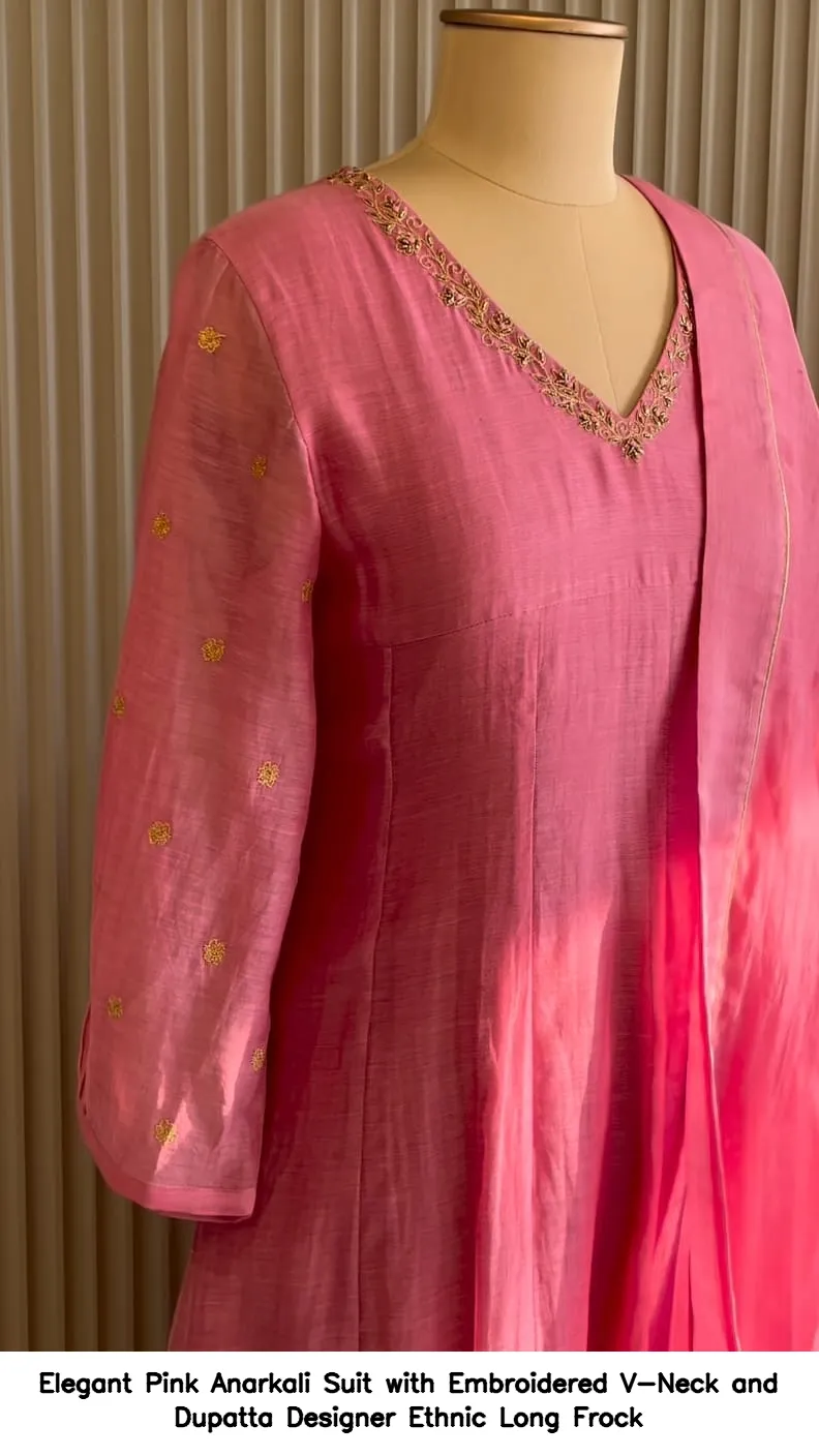 Elegant Pink Anarkali Suit with Embroidered V-Neck and Dupatta – Designer Ethnic Long Frock