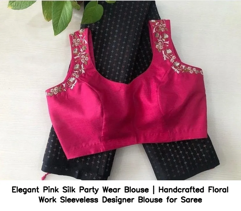 Elegant Pink Silk Party Wear Blouse | Handcrafted Floral Work Sleeveless Designer Blouse for Saree - Image 5