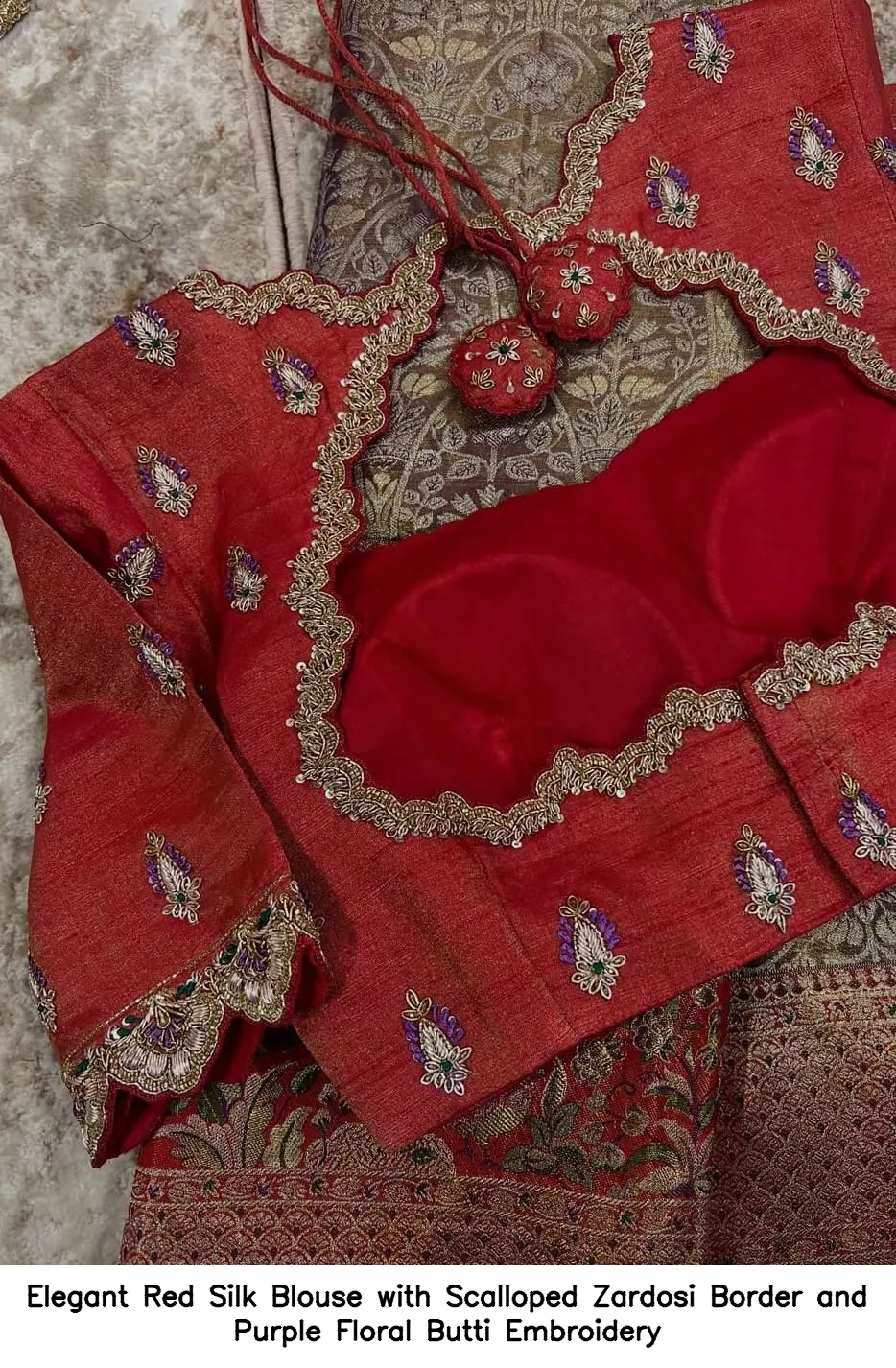 Elegant Red Silk Blouse with Scalloped Zardosi Border and Purple Floral Butti Embroidery