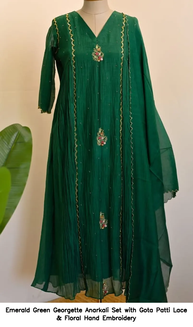 Emerald Green Georgette Anarkali Set with Gota Patti Lace & Floral Hand Embroidery