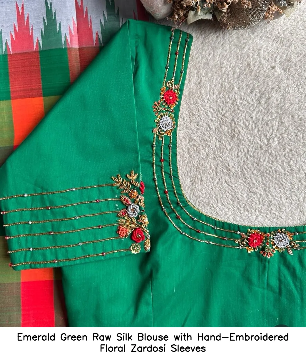 Emerald Green Raw Silk Blouse with Hand-Embroidered Floral Zardosi Sleeves