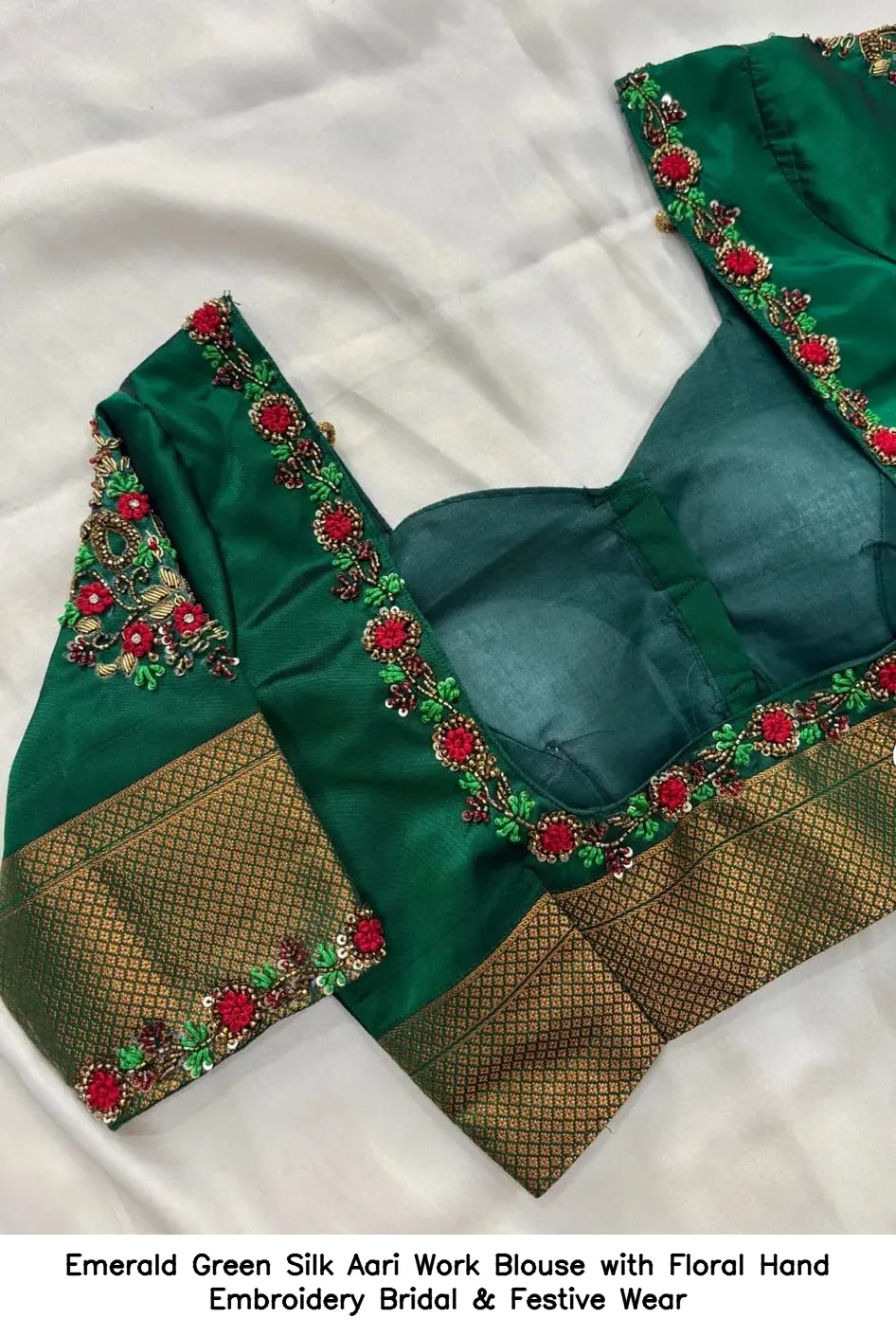 Emerald Green Silk Aari Work Blouse with Floral Hand Embroidery – Bridal & Festive Wear