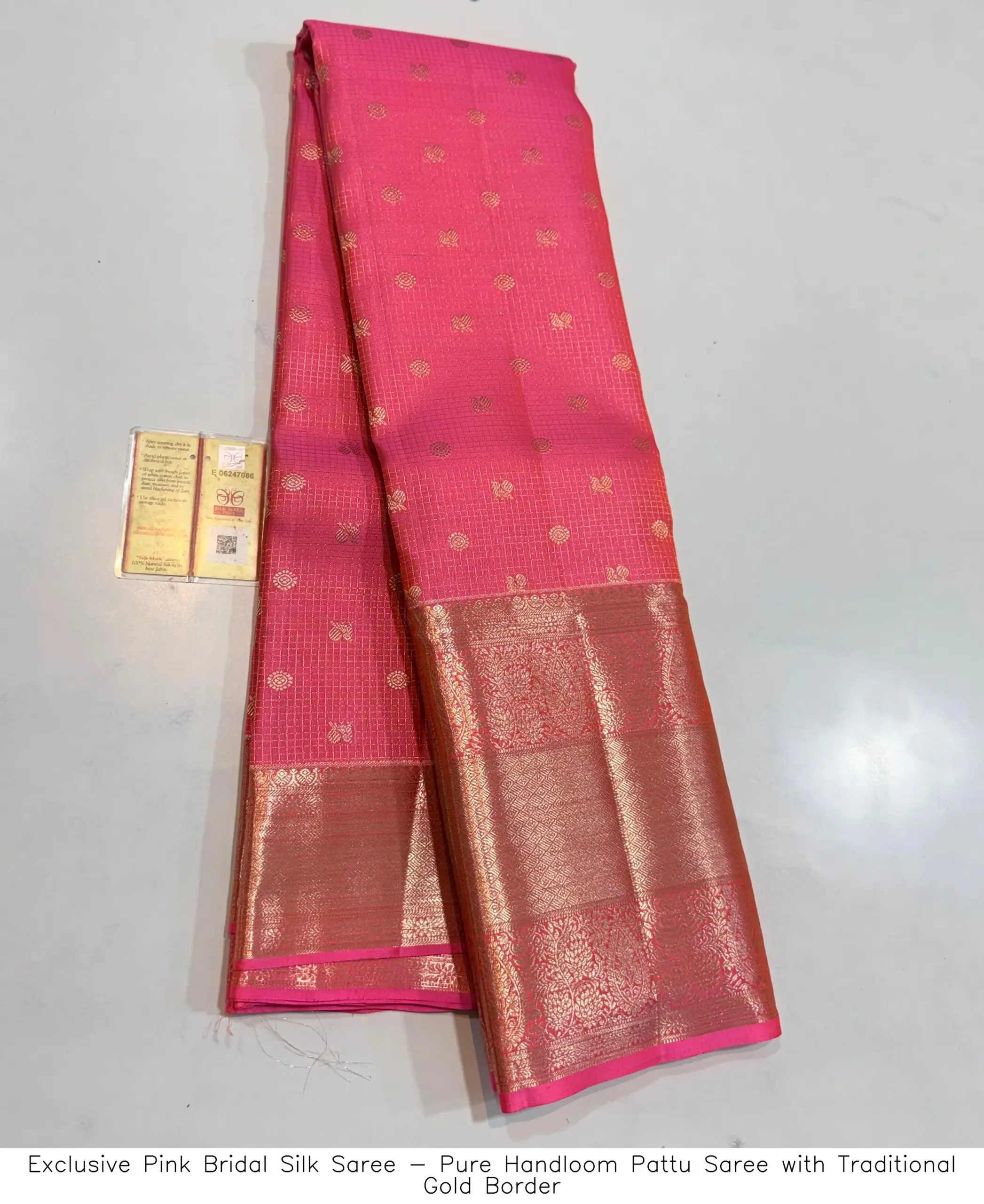 Exclusive Pink Bridal Silk Saree - Pure Handloom Pattu Saree with Traditional Gold Border