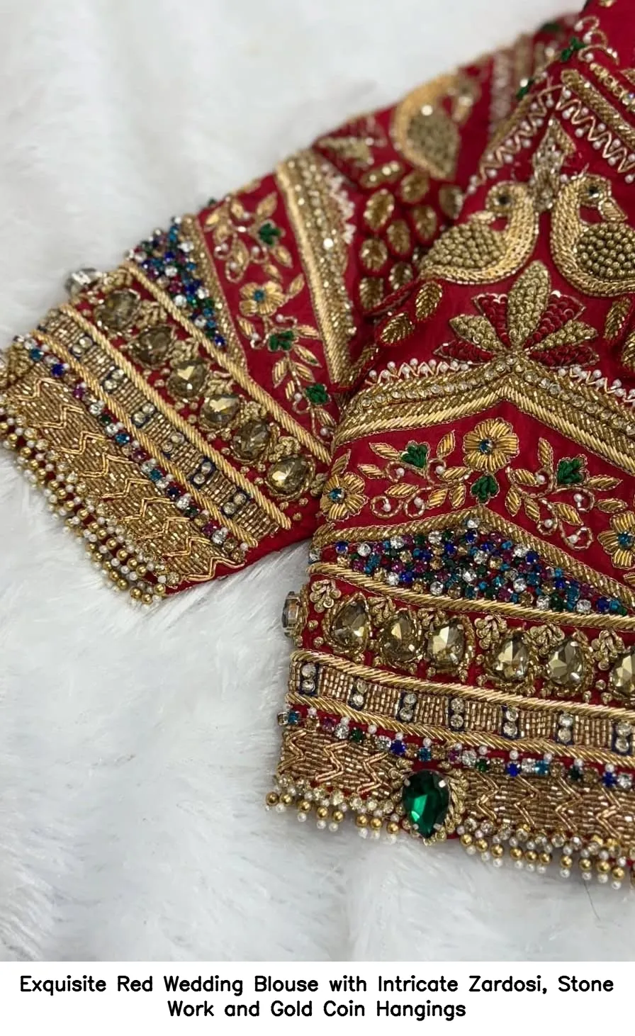 Exquisite Red Wedding Blouse with Intricate Zardosi, Stone Work and Gold Coin Hangings