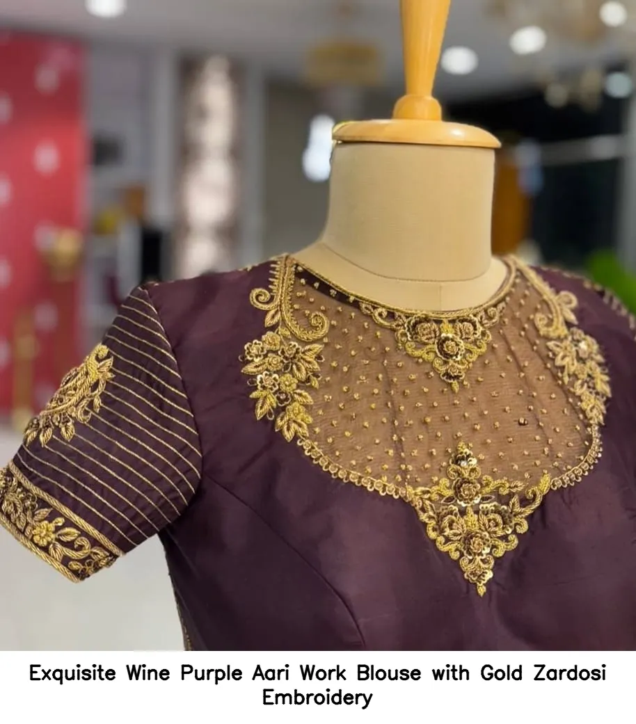 Exquisite Wine Purple Aari Work Blouse with Gold Zardosi Embroidery