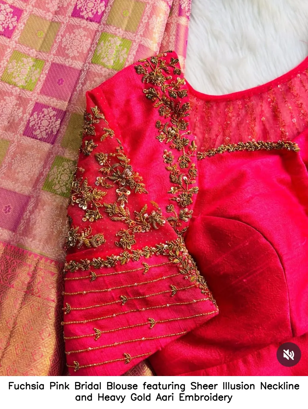Fuchsia Pink Bridal Blouse featuring Sheer Illusion Neckline and Heavy Gold Aari Embroidery
