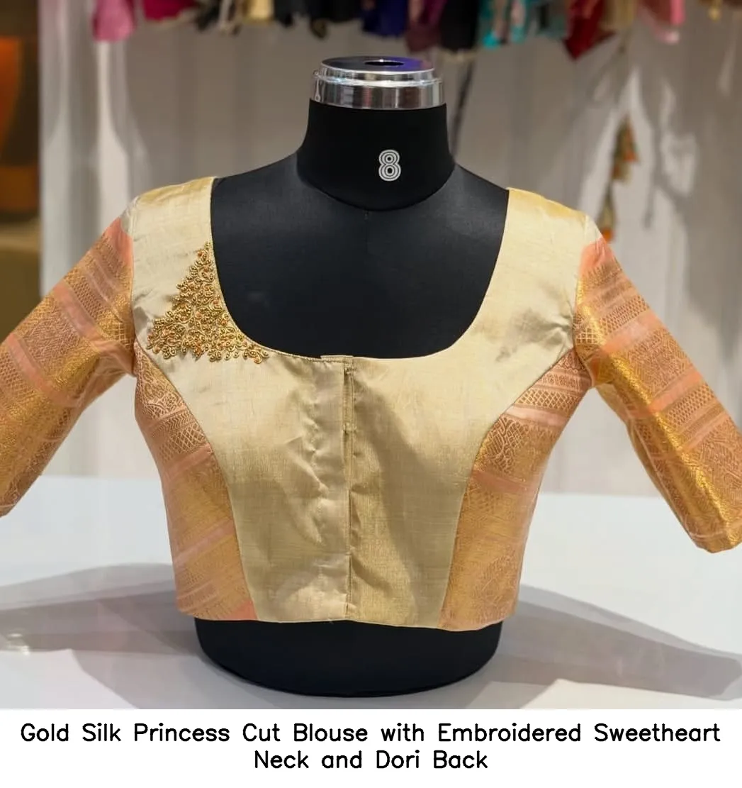 Gold Silk Princess Cut Blouse with Embroidered Sweetheart Neck and Dori Back