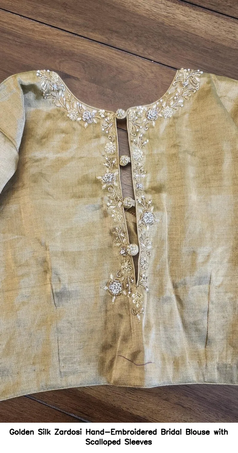 Golden Silk Zardosi Hand-Embroidered Bridal Blouse with Scalloped Sleeves
