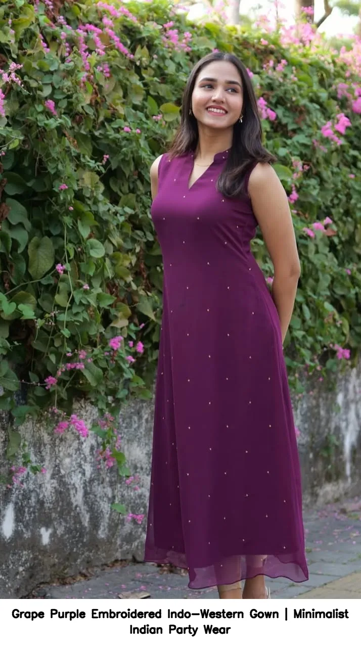 Grape Purple Embroidered Indo-Western Gown | Minimalist Indian Party Wear