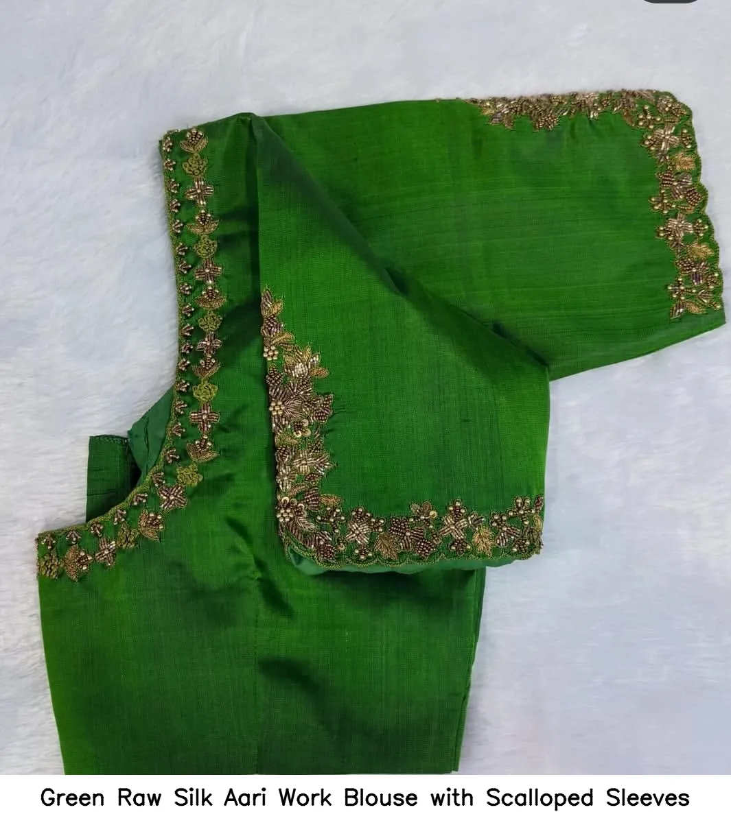 Green Raw Silk Aari Work Blouse with Scalloped Sleeves