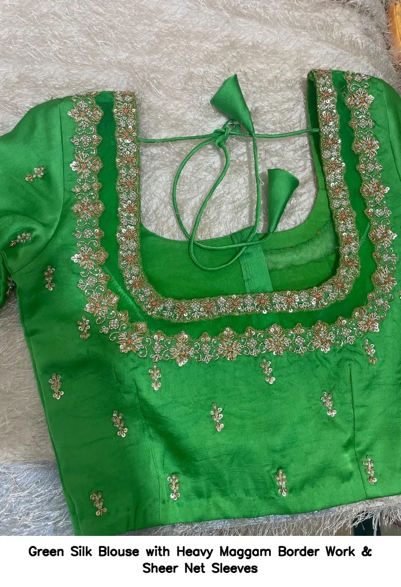 Green Silk Blouse with Heavy Maggam Border Work & Sheer Net Sleeves - Image 2