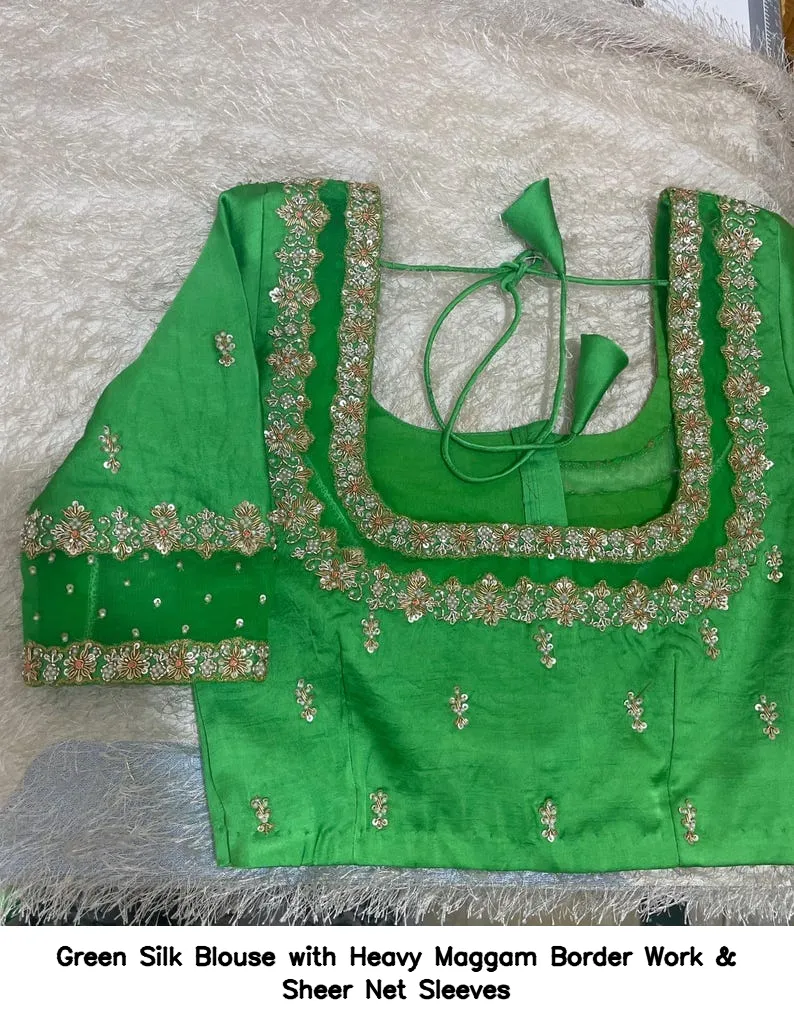 Green Silk Blouse with Heavy Maggam Border Work & Sheer Net Sleeves - Image 3