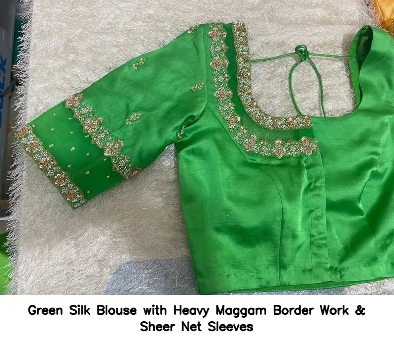 Green Silk Blouse with Heavy Maggam Border Work & Sheer Net Sleeves - Image 4