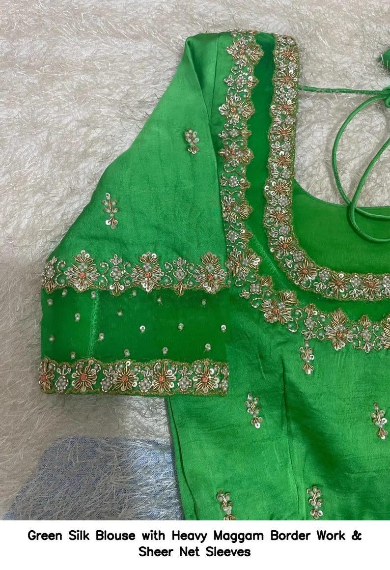 Green Silk Blouse with Heavy Maggam Border Work & Sheer Net Sleeves - Image 5