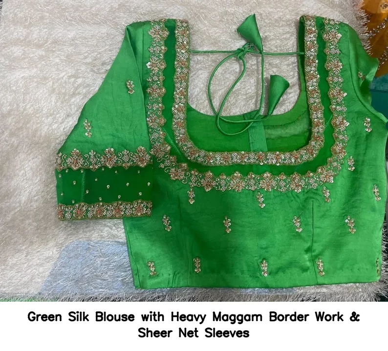 Green Silk Blouse with Heavy Maggam Border Work & Sheer Net Sleeves - Image 6