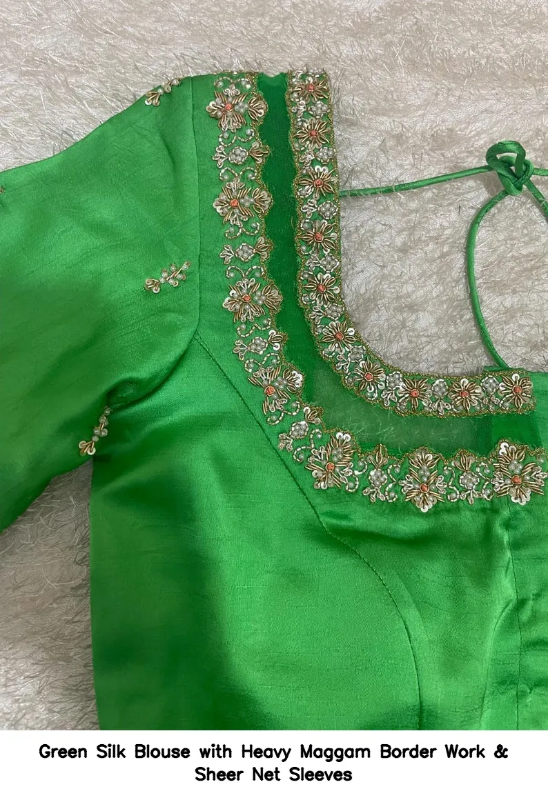 Green Silk Blouse with Heavy Maggam Border Work & Sheer Net Sleeves - Image 7