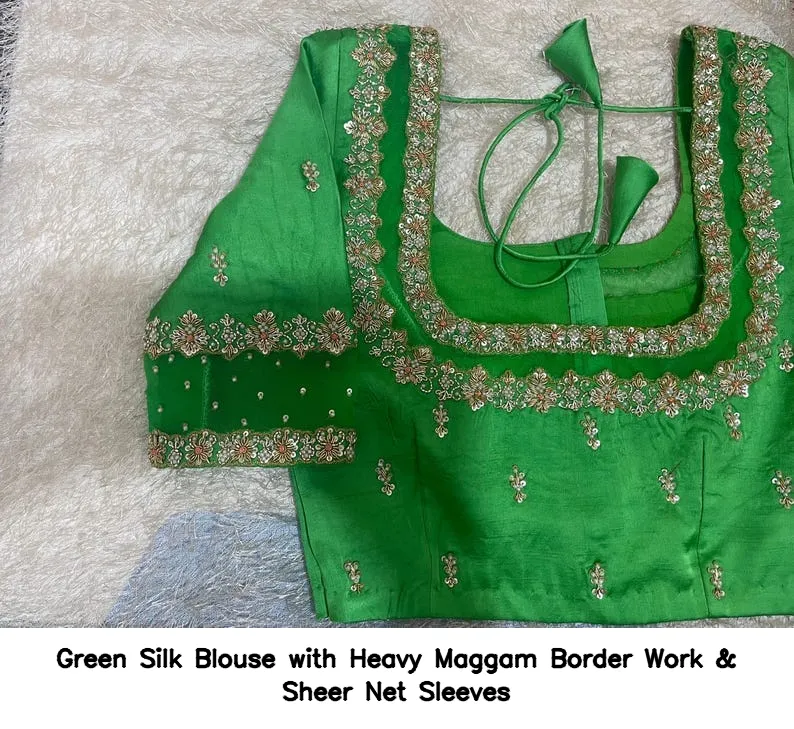 Green Silk Blouse with Heavy Maggam Border Work & Sheer Net Sleeves - Image 8