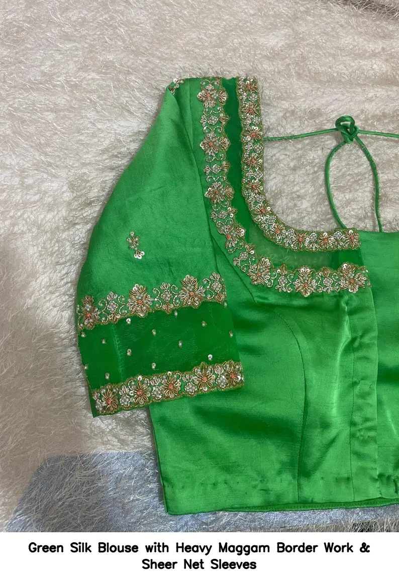 Green Silk Blouse with Heavy Maggam Border Work & Sheer Net Sleeves - Image 9