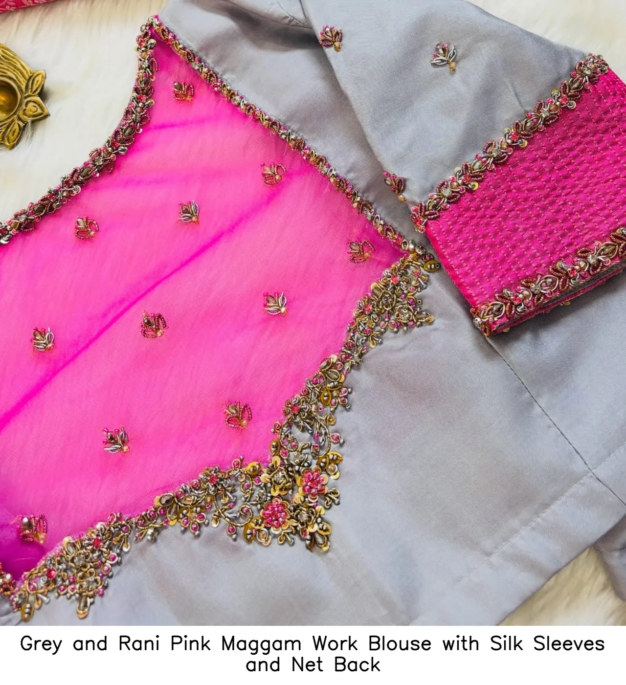 Grey and Rani Pink Maggam Work Blouse with Silk Sleeves and Net Back