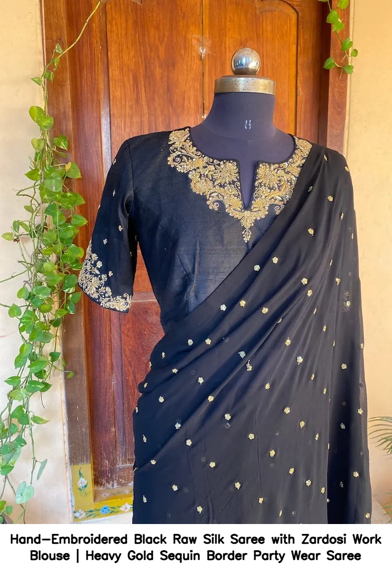 Hand-Embroidered Black Raw Silk Saree with Zardosi Work Blouse | Heavy Gold Sequin Border Party Wear Saree