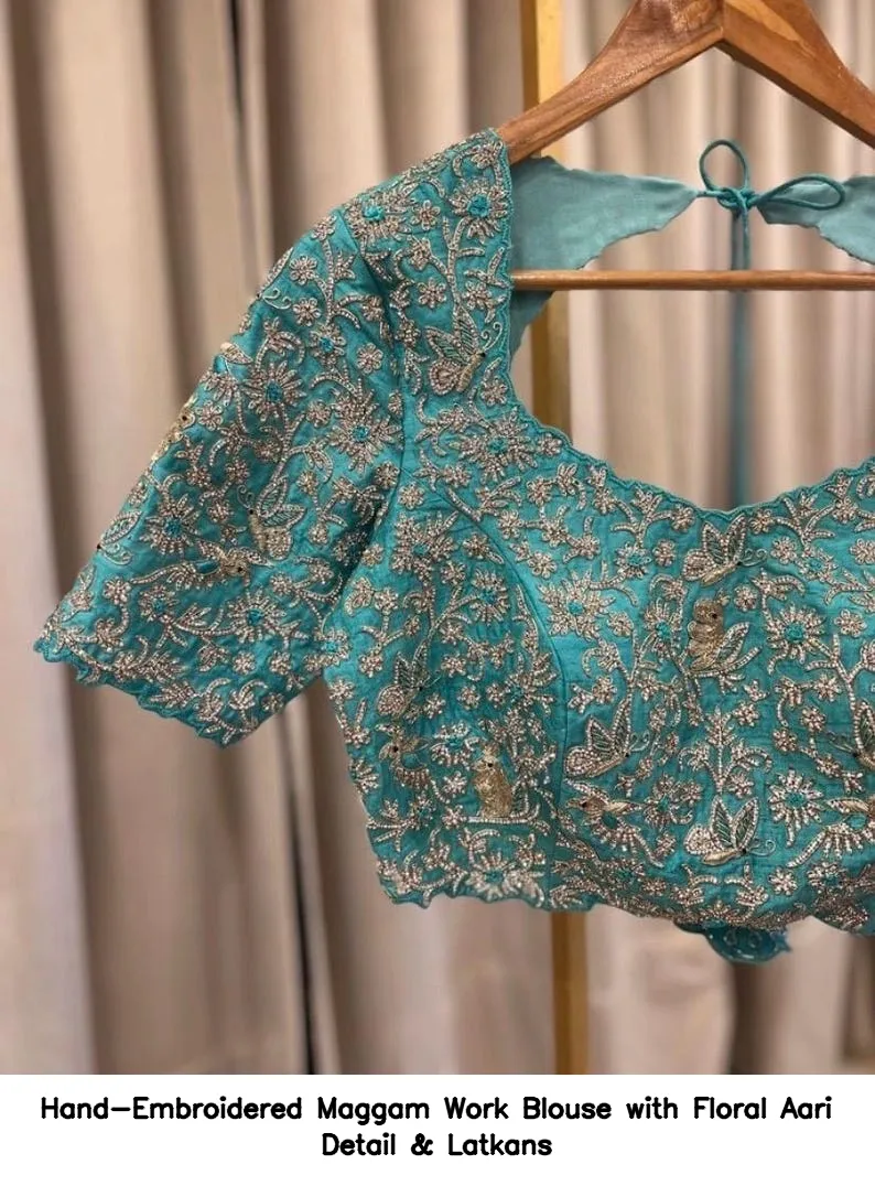 Hand-Embroidered Maggam Work Blouse with Floral Aari Detail & Latkans