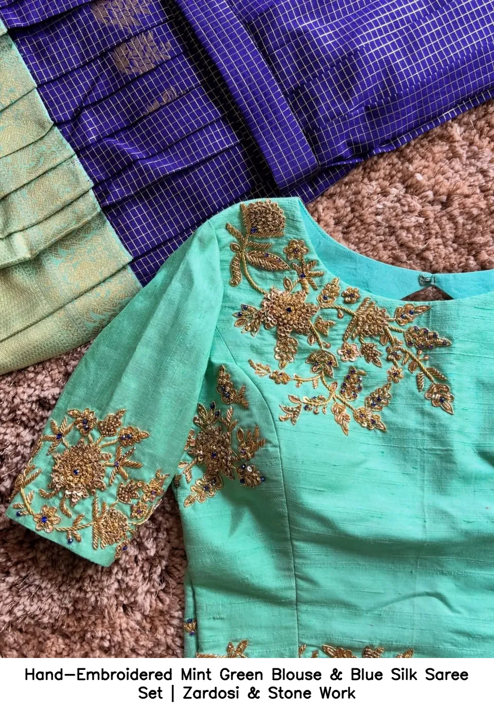 Hand-Embroidered Mint Green Blouse & Blue Silk Saree Set | Zardosi & Stone Work