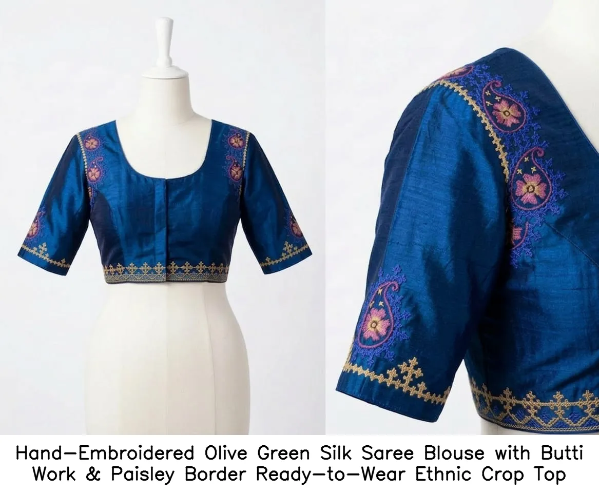 Hand-Embroidered Olive Green Silk Saree Blouse with Butti Work & Paisley Border – Ready-to-Wear Ethnic Crop Top