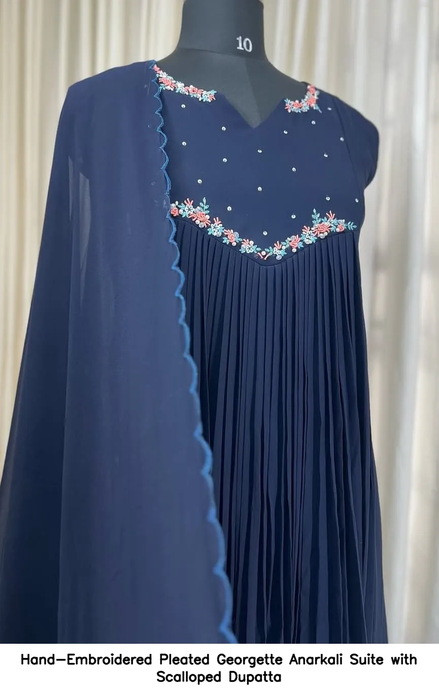 Hand-Embroidered Pleated Georgette Anarkali Suite with Scalloped Dupatta
