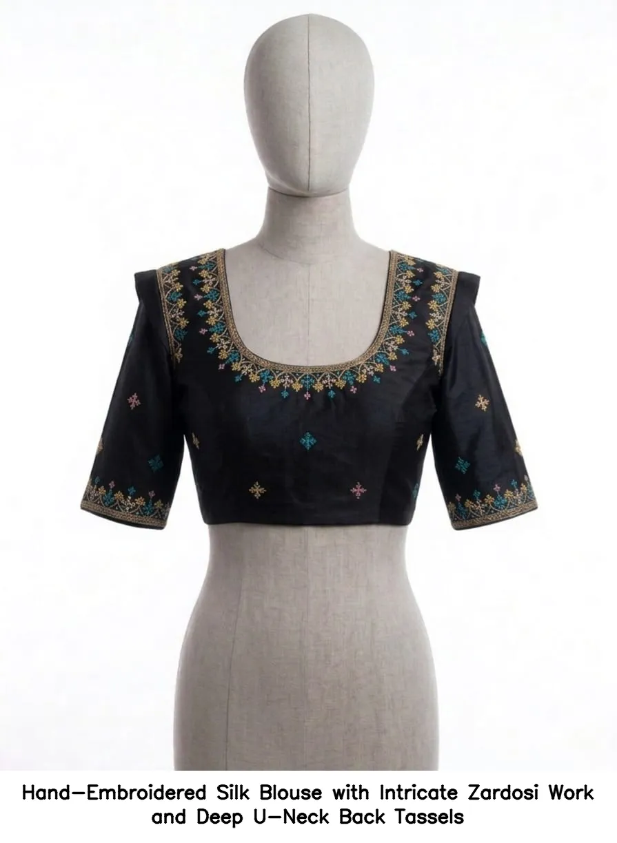 Hand-Embroidered Silk Blouse with Intricate Zardosi Work and Deep U-Neck Back Tassels
